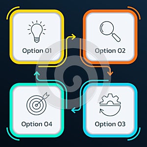 4 steps or parts infographic design with arrows and business icons. Four square ingo graphic. Presentation, information brochure. photo